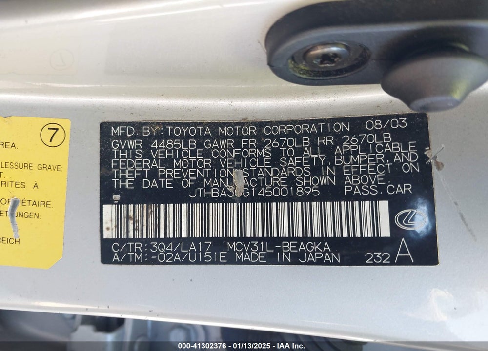 2004 LEXUS ES 330 VIN: JTHBA30G145001895
