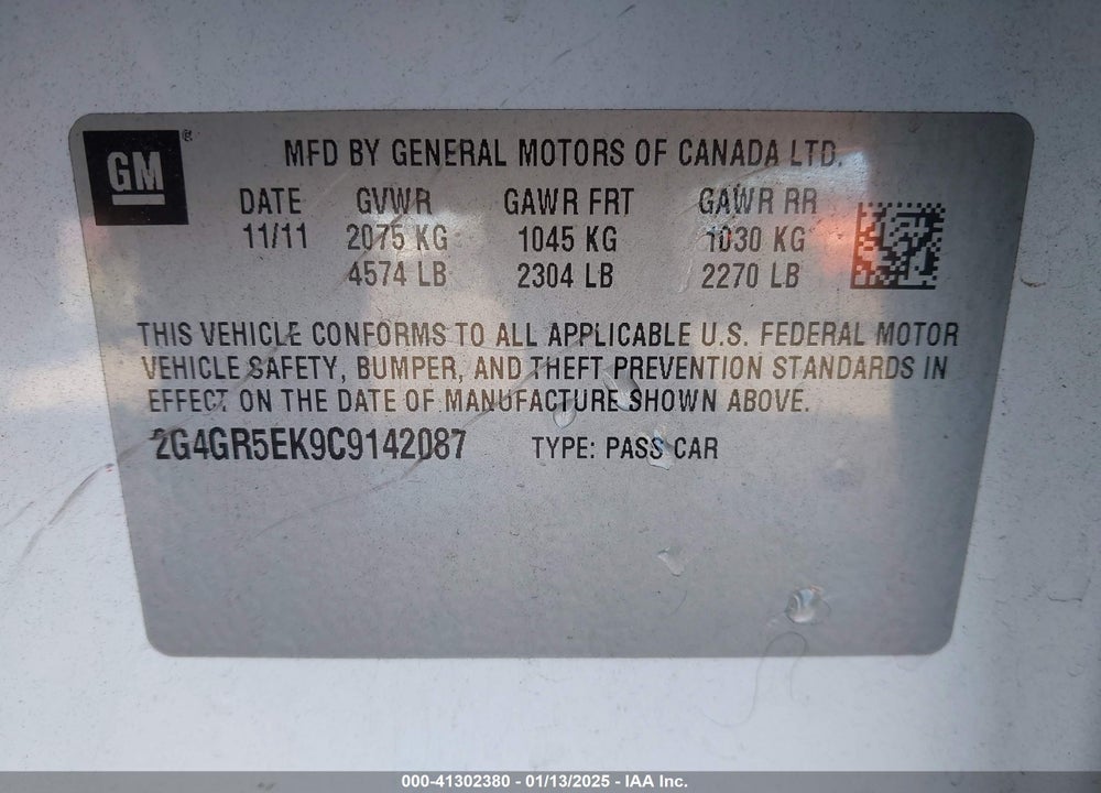 2012 BUICK REGAL VIN: 2G4GR5EK9C9142087