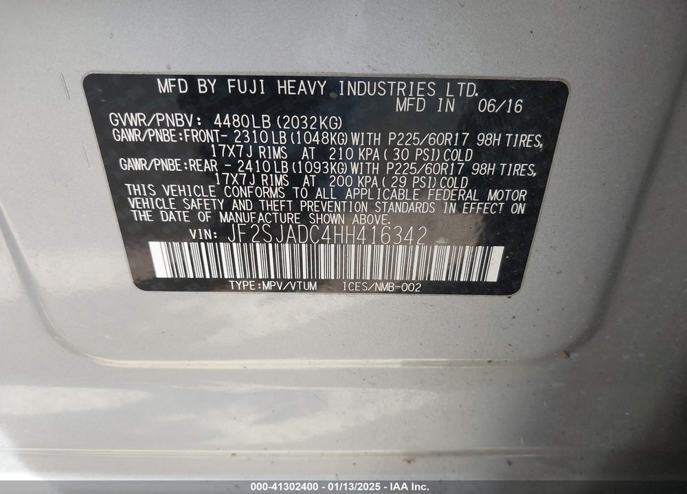 2017 SUBARU FORESTER 2.5I PREMIUM VIN: JF2SJADC4HH416342