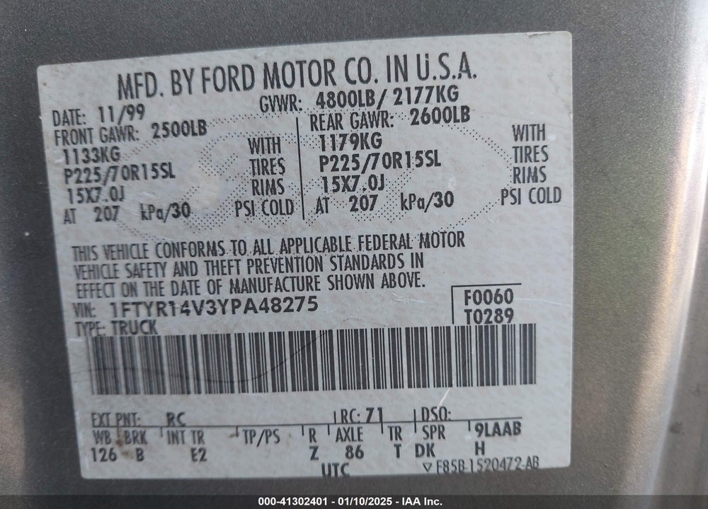 2000 FORD RANGER XL/XLT VIN: 1FTYR14V3YPA48275