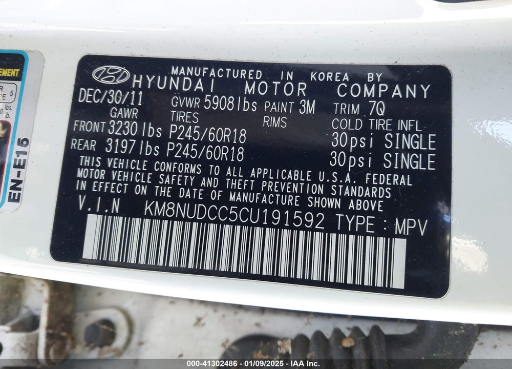 2012 HYUNDAI VERACRUZ LIMITED VIN: KM8NUDCC5CU191592