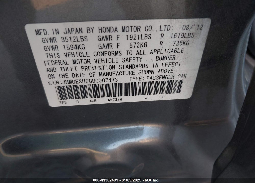 2013 HONDA FIT VIN: JHMGE8H58DC007473