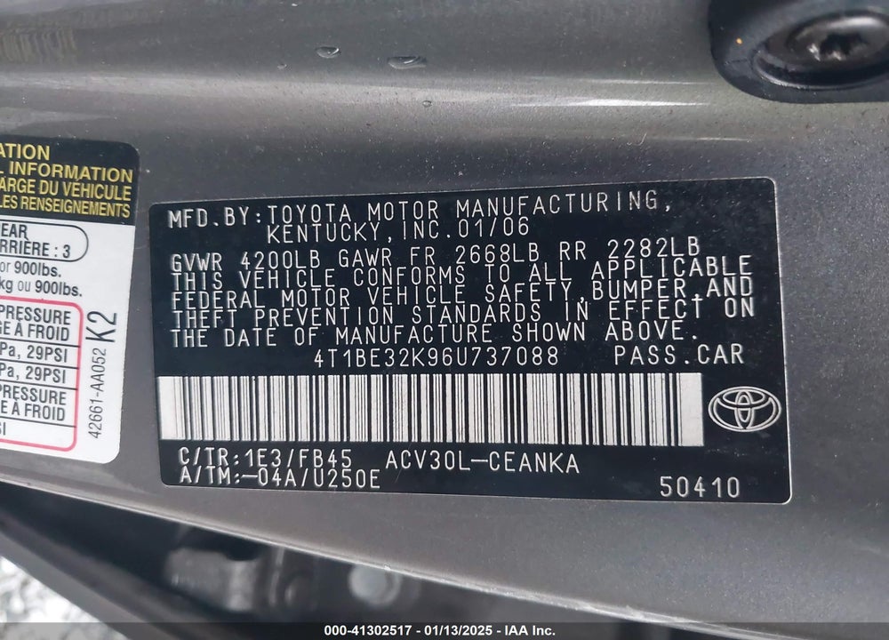 2006 TOYOTA CAMRY VIN: 4T1BE32K96U737088