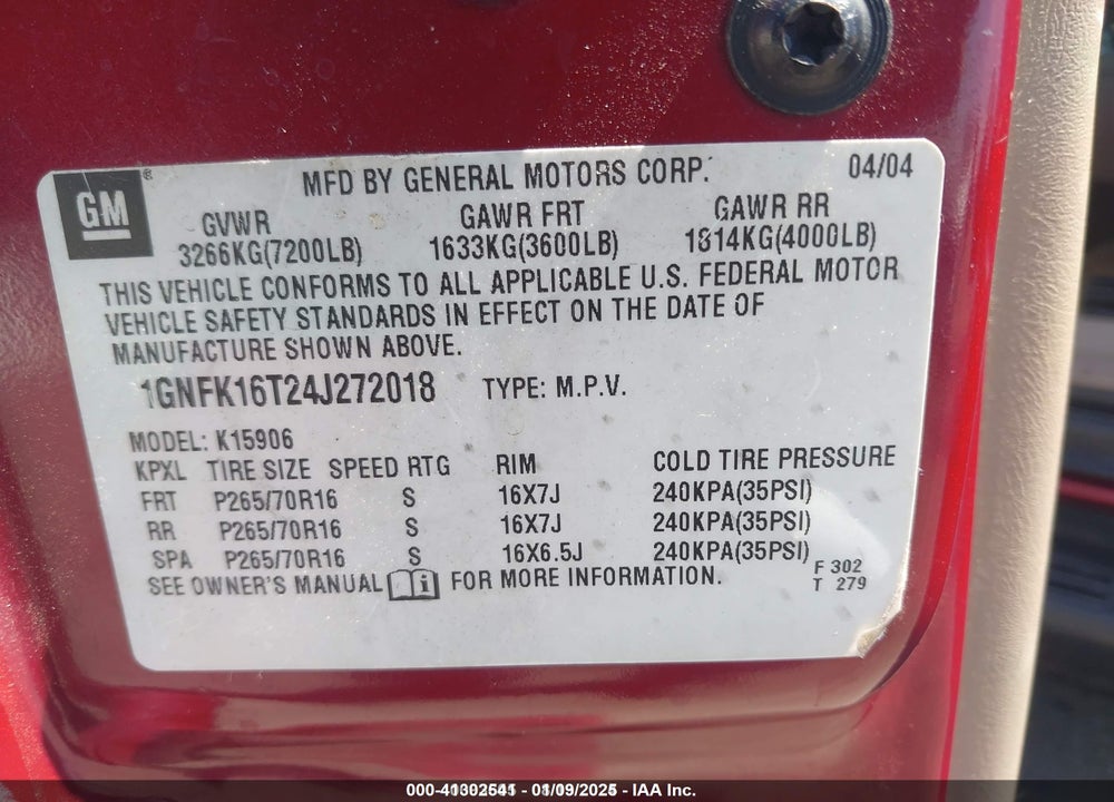 2004 CHEVROLET SUBURBAN 1500 LT VIN: 1GNFK16T24J272018