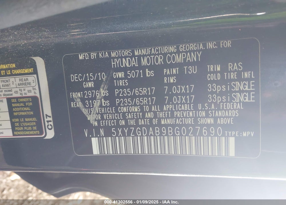2011 HYUNDAI SANTA FE GLS VIN: 5XYZGDAB9BG027690