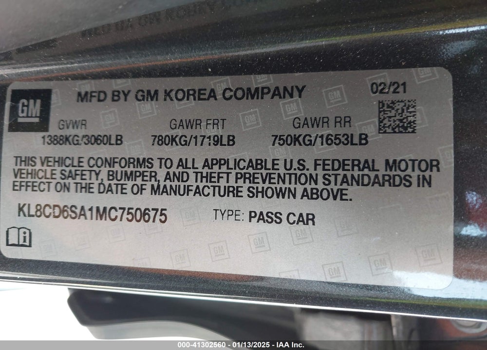 2021 CHEVROLET SPARK FWD 1LT AUTOMATIC VIN: KL8CD6SA1MC750675