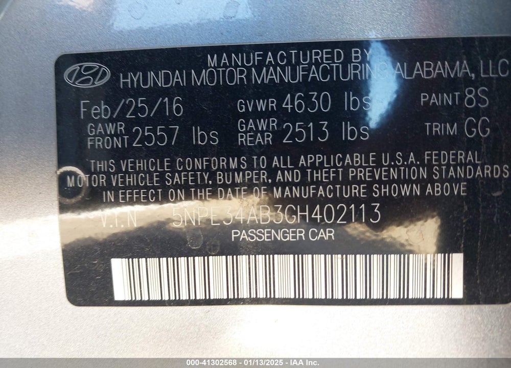 2016 HYUNDAI SONATA VIN: 5NPE34AB3GH402113