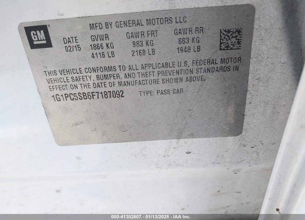 2015 CHEVROLET CRUZE 1LT AUTO VIN: 1G1PC5SB6F7187092