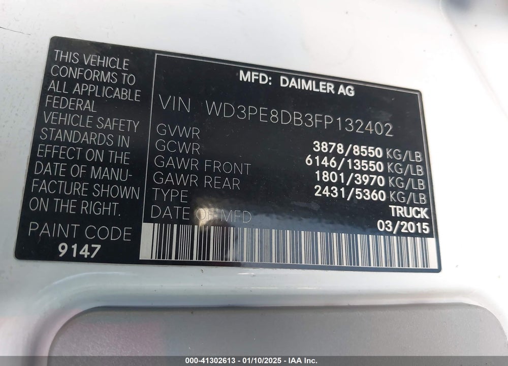 2015 MERCEDES-BENZ SPRINTER 2500 HIGH ROOF VIN: WD3PE8DB3FP132402