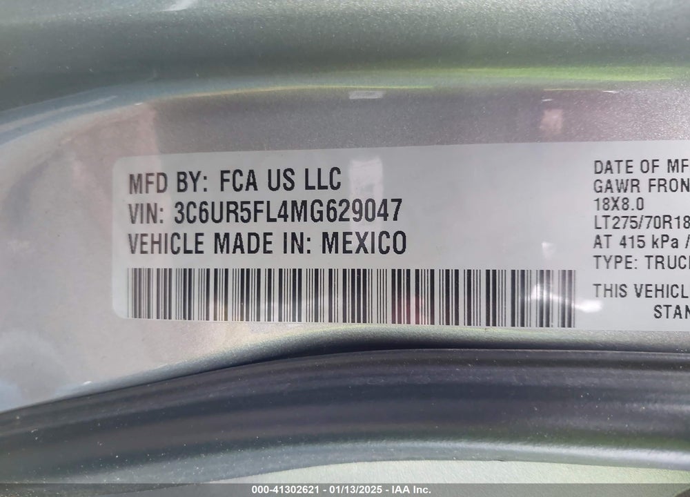 2021 RAM 2500 VIN: 3C6UR5FL4MG629047