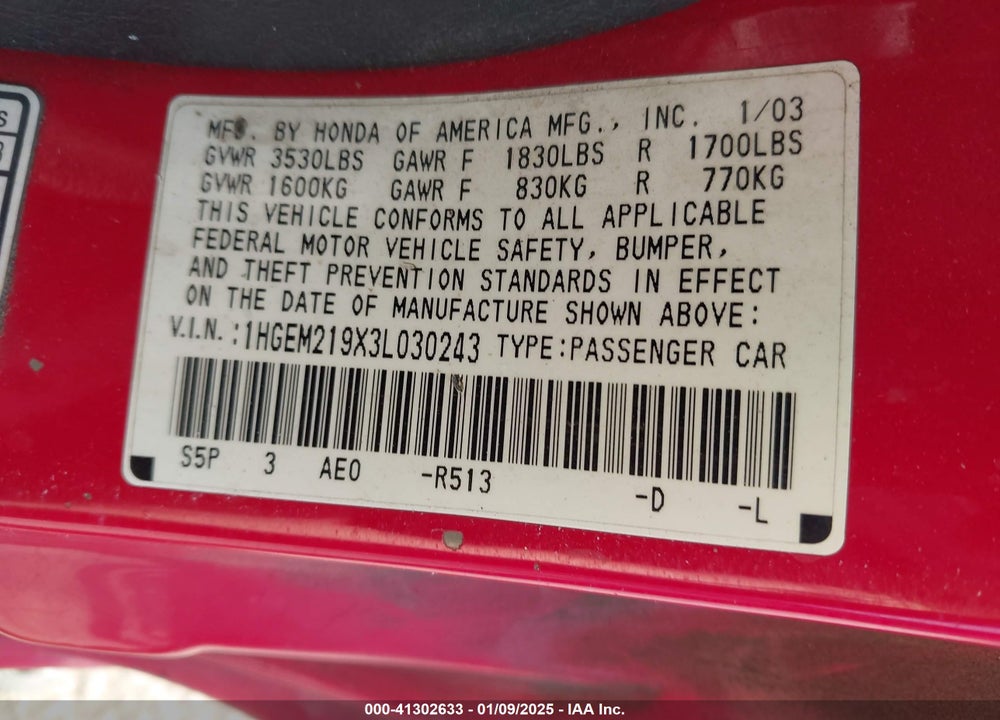 2003 HONDA CIVIC EX VIN: 1HGEM219X3L030243