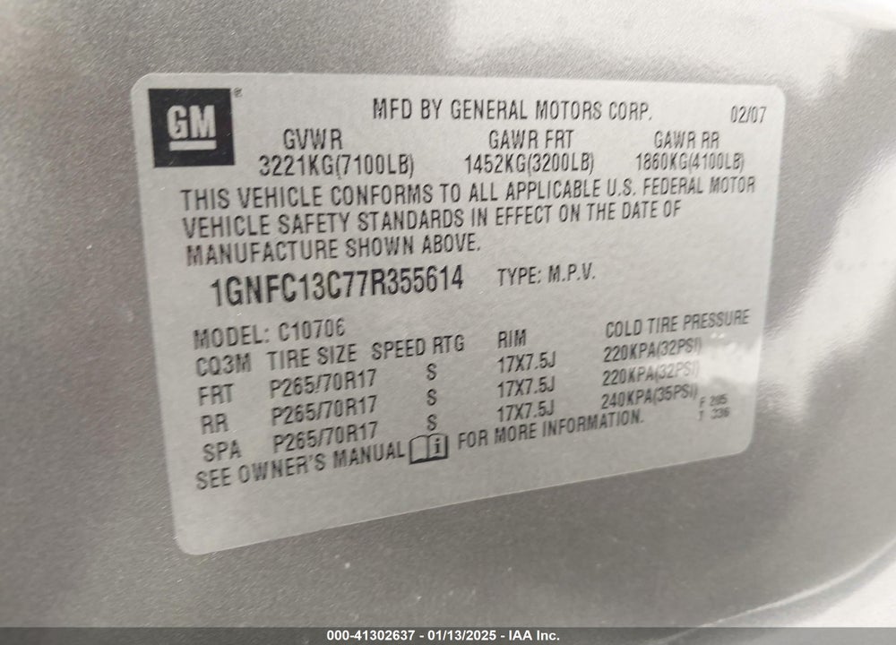 2007 CHEVROLET TAHOE LS VIN: 1GNFC13C77R355614