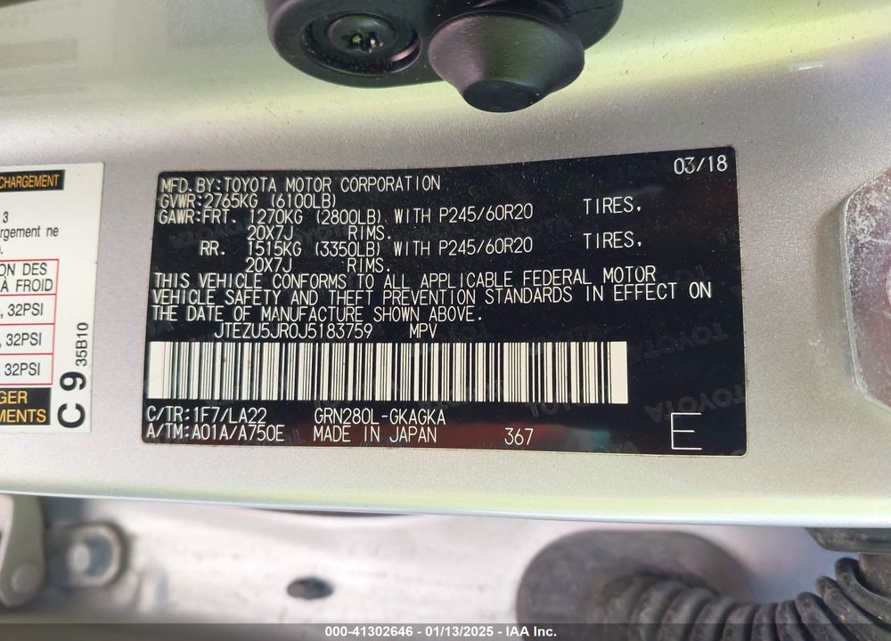 2018 TOYOTA 4RUNNER LIMITED VIN: JTEZU5JR0J5183759