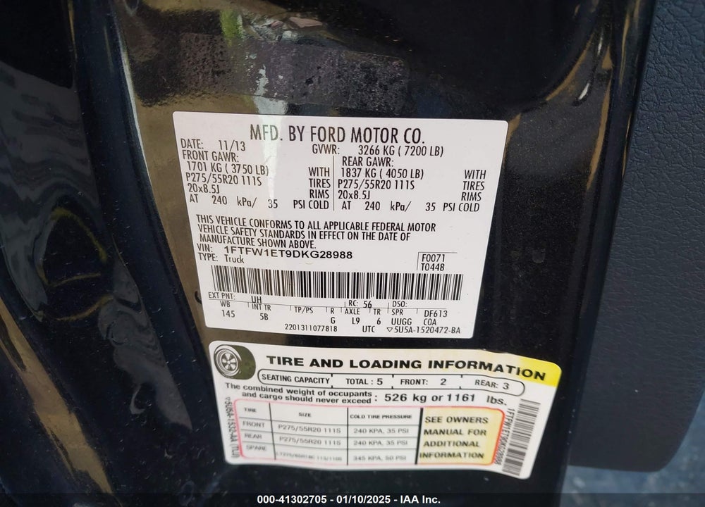 2013 FORD F150 VIN: 1FTFW1ET9DKG28988