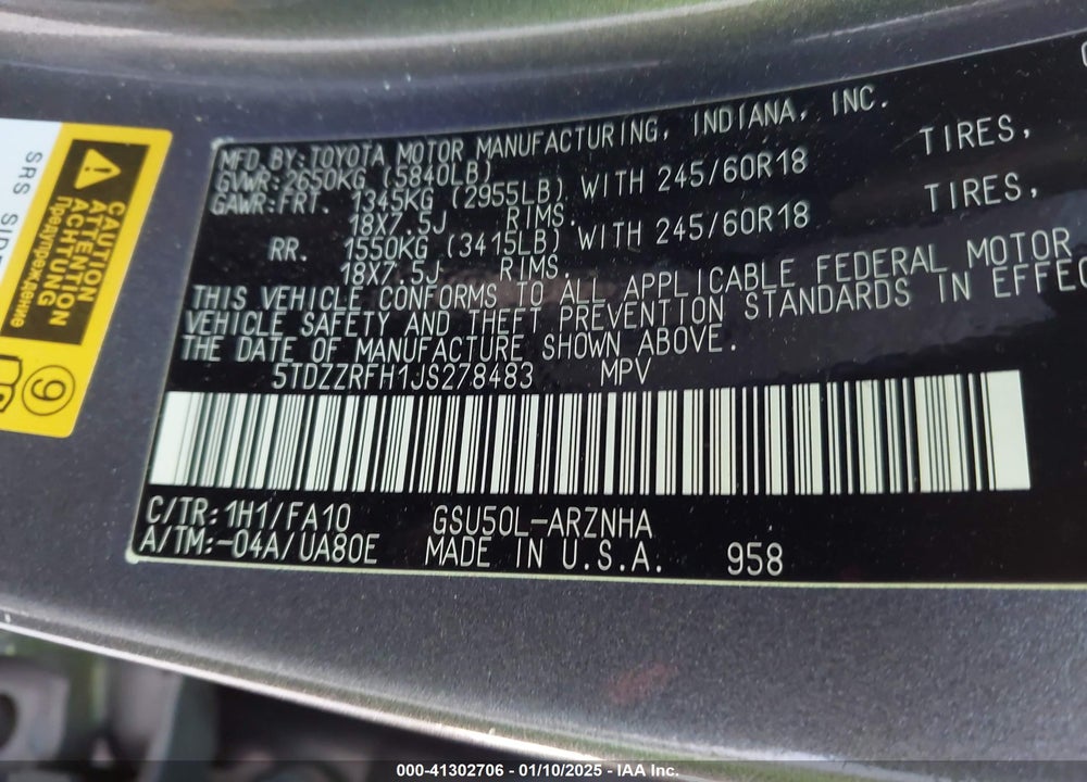 2018 TOYOTA HIGHLANDER VIN: 5TDZZRFH1JS278483