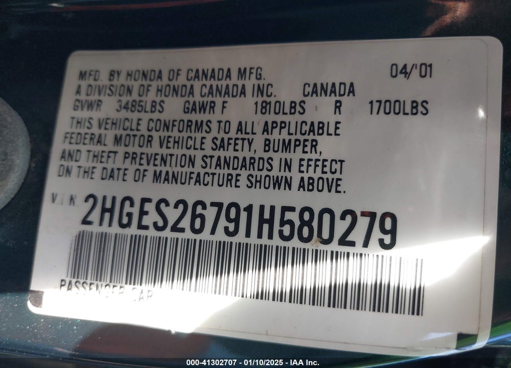 2001 HONDA CIVIC EX VIN: 2HGES26791H580279