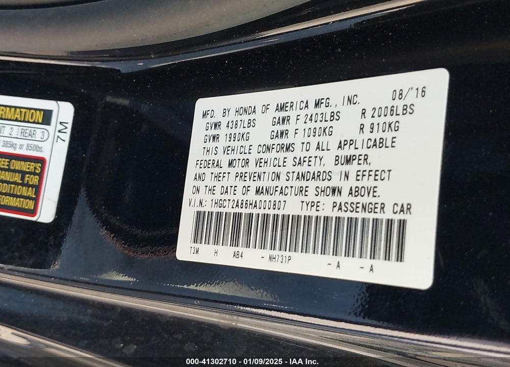 2017 HONDA ACCORD VIN: 1HGCT2A86HA000807