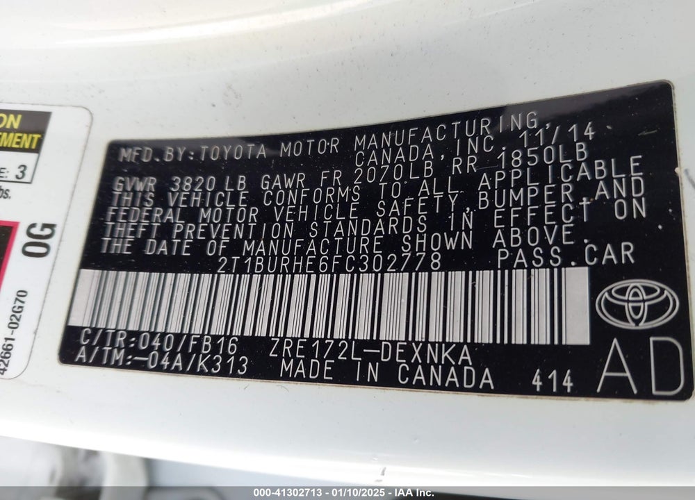 2015 TOYOTA COROLLA LE VIN: 2T1BURHE6FC302778