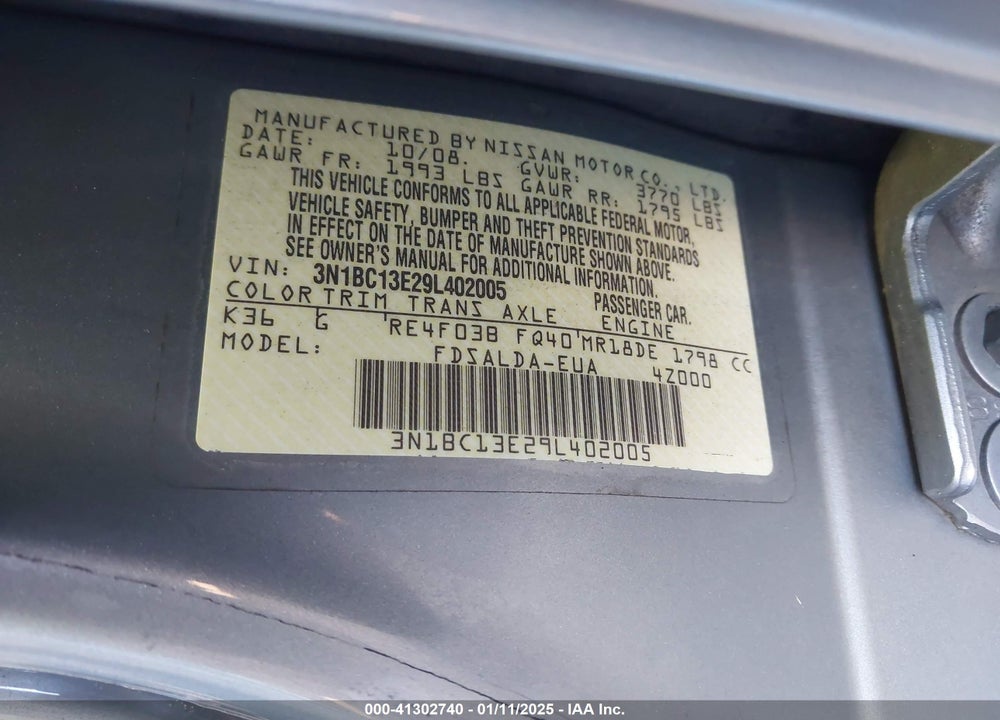 2009 NISSAN VERSA VIN: 3N1BC13E29L402005