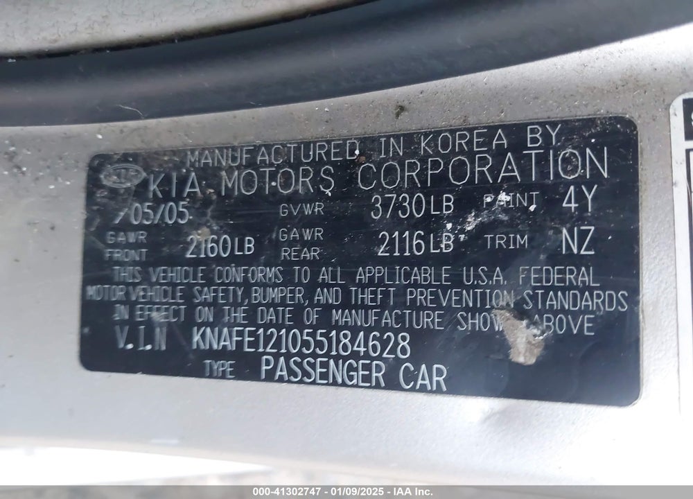 2005 KIA SPECTRA EX/LX/SX VIN: KNAFE121055184628