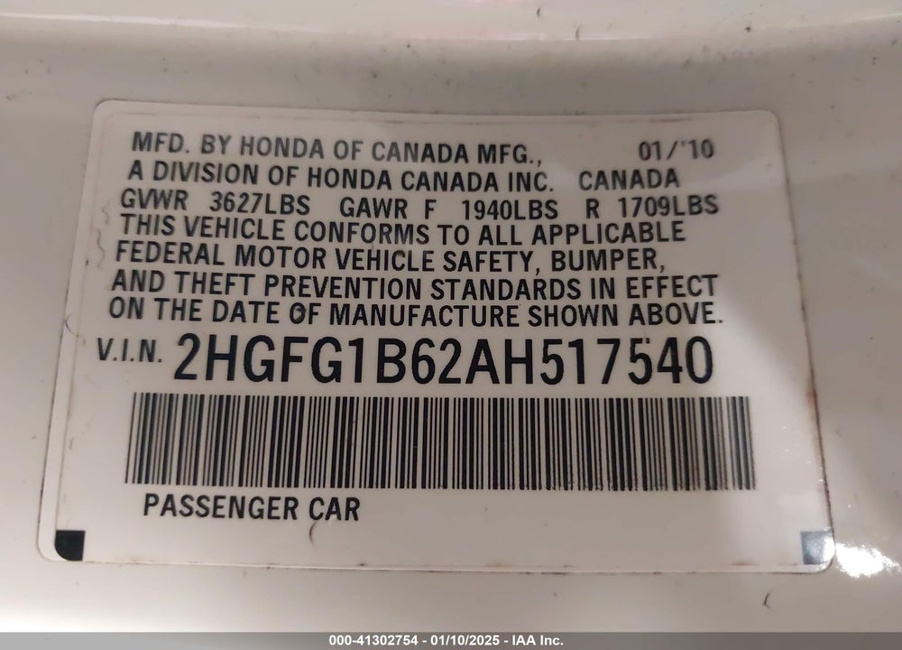 2010 HONDA CIVIC VIN: 2HGFG1B62AH517540