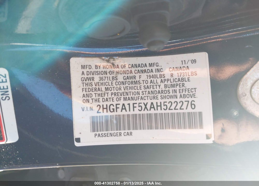 2010 HONDA CIVIC VIN: 2HGFA1F5XAH522276