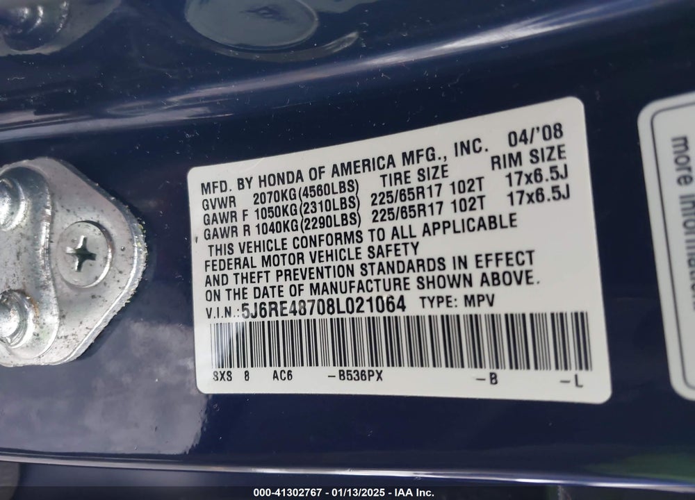 2008 HONDA CR-V EX-L VIN: 5J6RE48708L021064