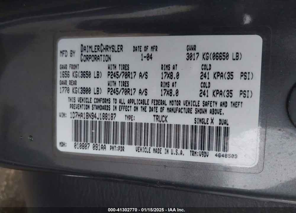 2004 DODGE RAM 1500 SLT/LARAMIE VIN: 1D7HA18N94J188187
