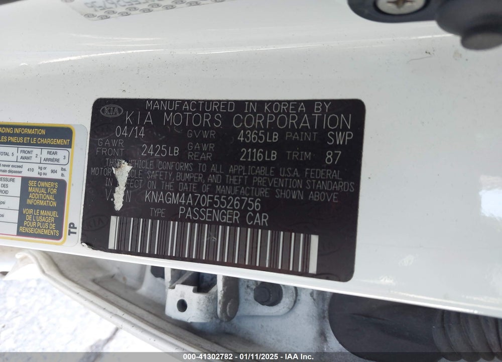 2015 KIA OPTIMA VIN: KNAGM4A70F5526756