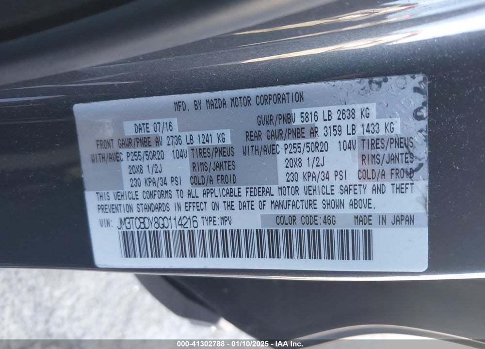 2016 MAZDA CX-9 GRAND TOURING VIN: JM3TCBDY8G0114216