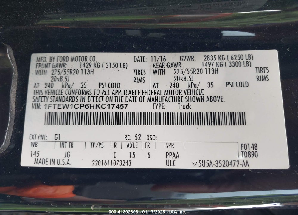 2017 FORD F-150 VIN: 1FTEW1CP6HKC17457
