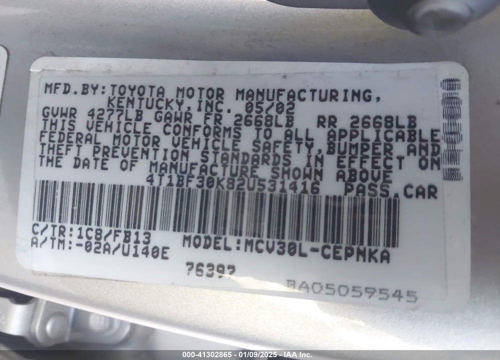 2002 TOYOTA CAMRY LE V6 VIN: 4T1BF30K82U531416