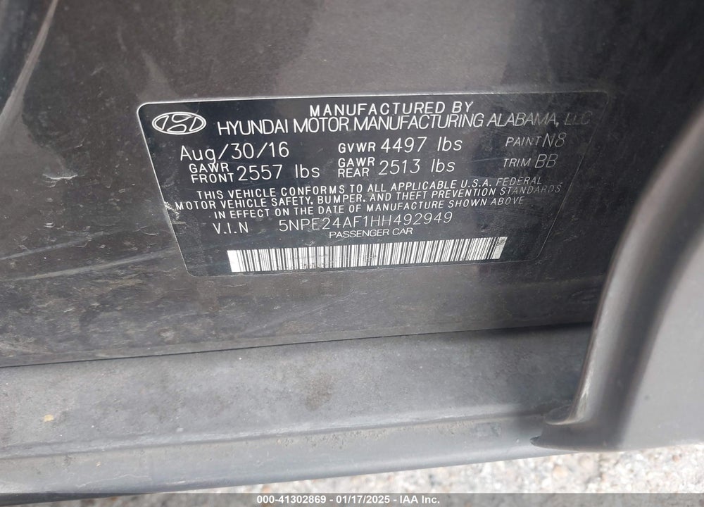 2017 HYUNDAI SONATA VIN: 5NPE24AF1HH492949