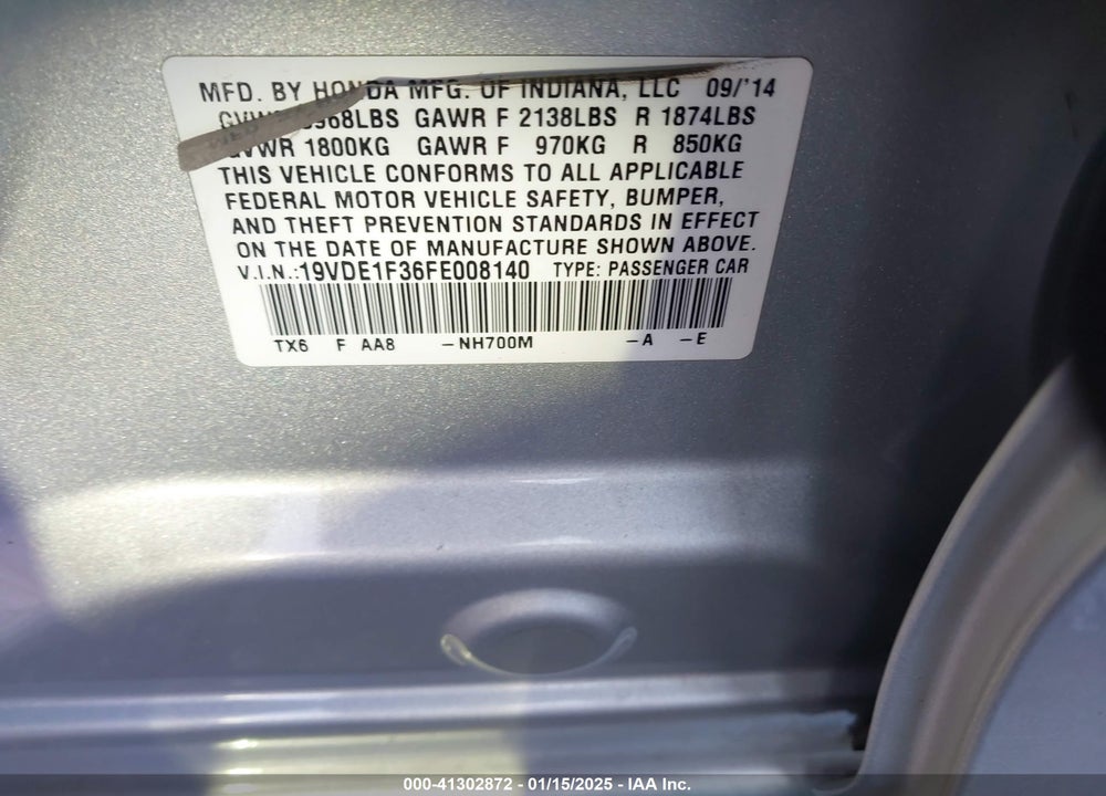 2015 ACURA ILX 2.0L VIN: 19VDE1F36FE008140