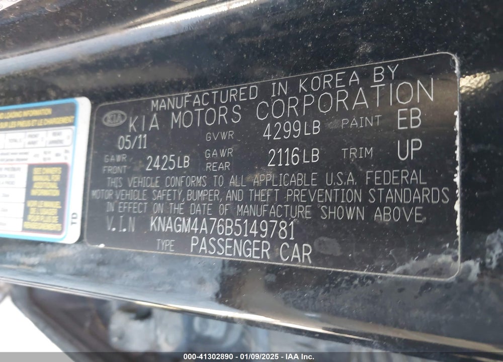 2011 KIA OPTIMA VIN: KNAGM4A76B5149781