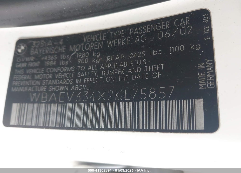 2002 BMW 325I VIN: WBAEV334X2KL75857