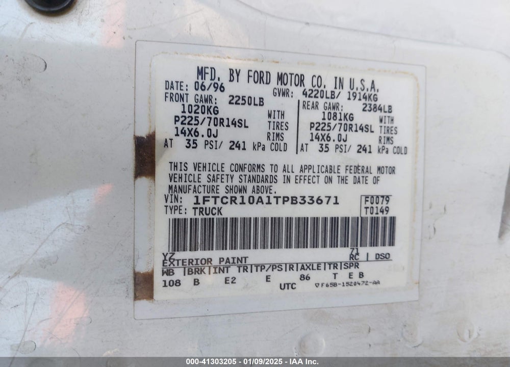 1996 FORD RANGER VIN: 1FTCR10A1TPB33671