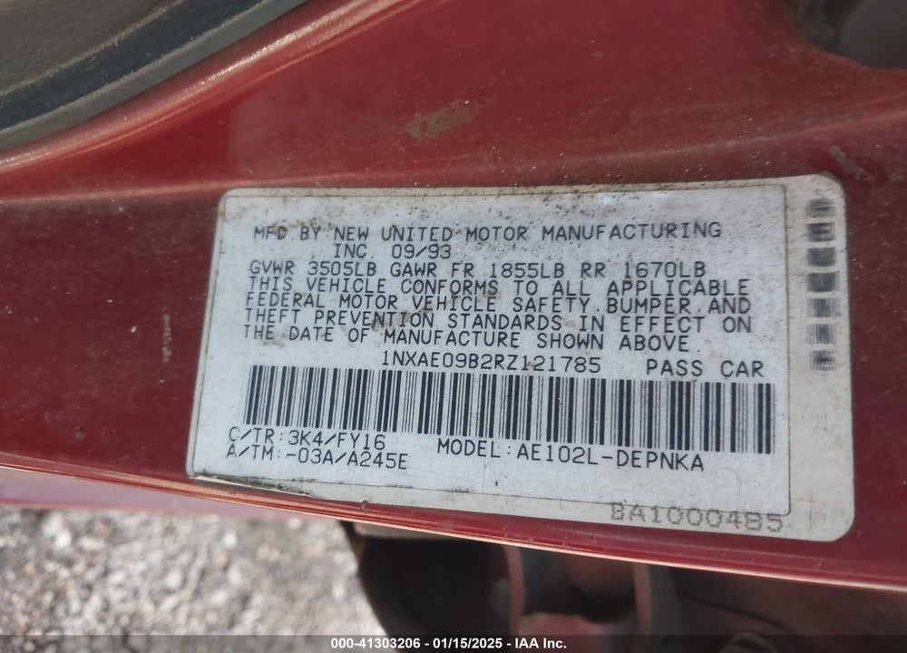 1994 TOYOTA COROLLA LE/DX VIN: 1NXAE09B2RZ121785