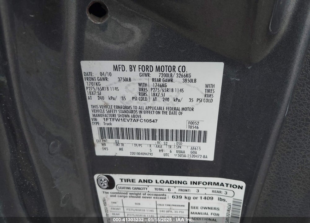 2010 FORD F-150 VIN: 1FTFW1EV7AFC10547