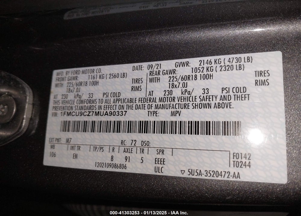 2021 FORD ESCAPE SEL HYBRID VIN: 1FMCU9CZ7MUA90337