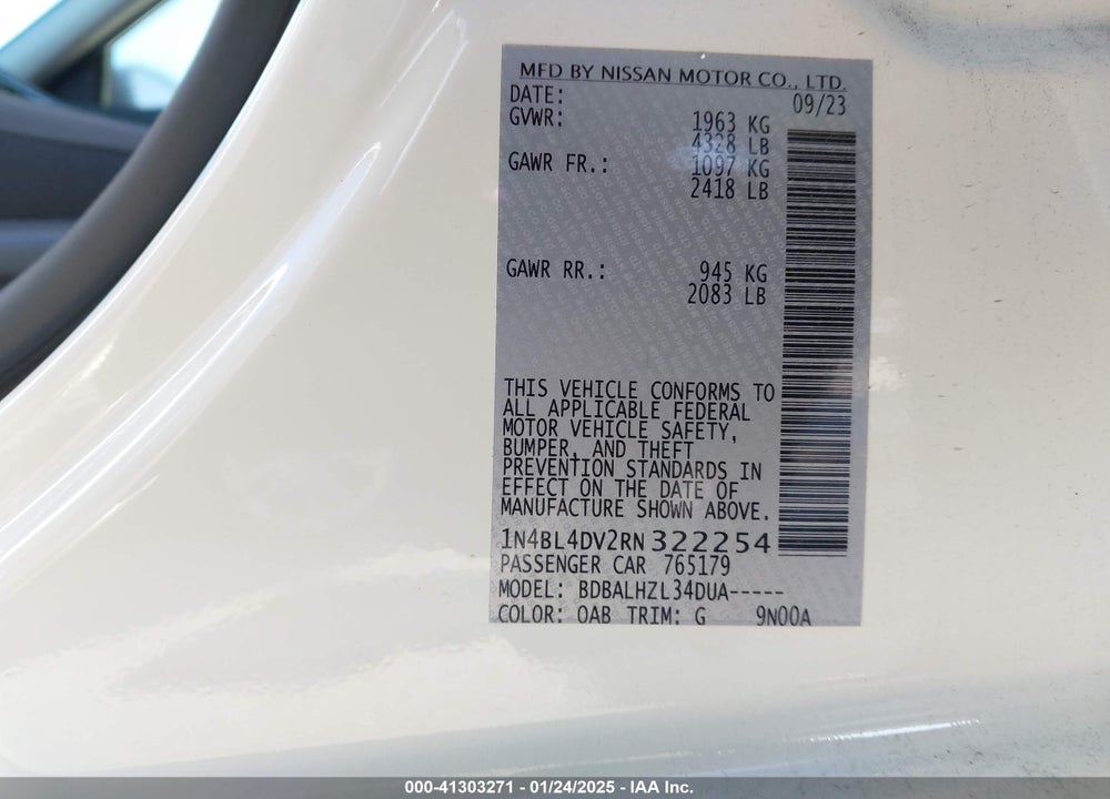 2024 NISSAN ALTIMA VIN: 1N4BL4DV2RN322254