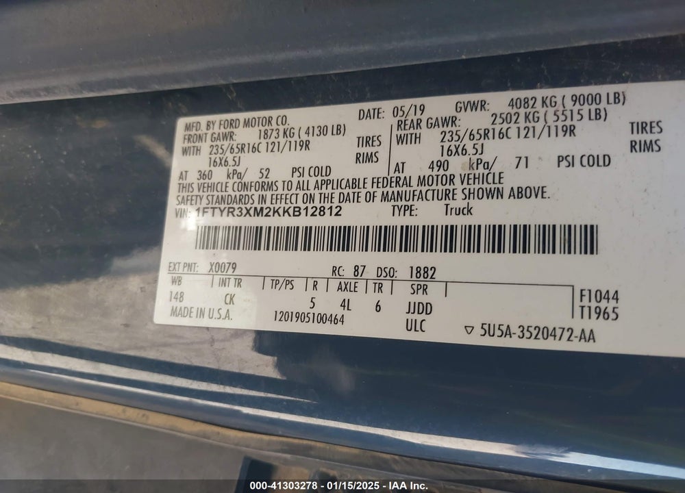 2019 FORD TRANSIT-250 VIN: 1FTYR3XM2KKB12812