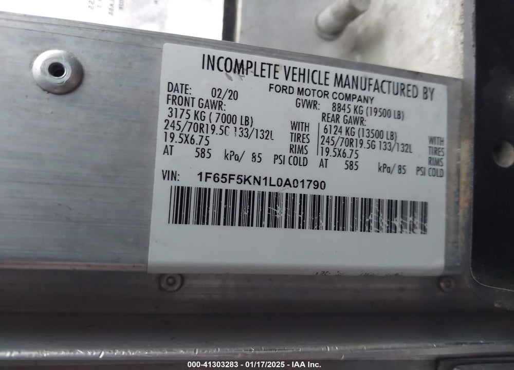 2020 FORD F-59 COMMERCIAL STRIPPED VIN: 1F65F5KN1L0A01790