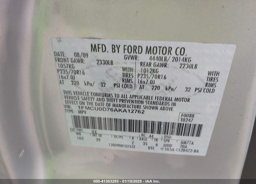 2010 FORD ESCAPE XLT VIN: 1FMCU0D76AKA12762
