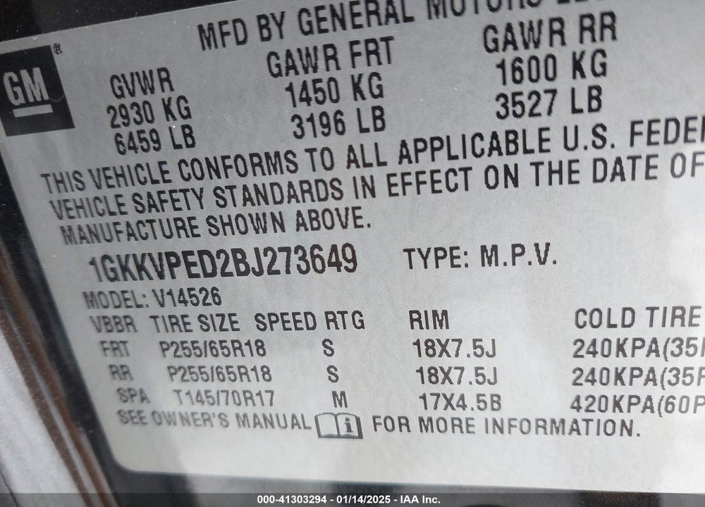 2011 GMC ACADIA SLE VIN: 1GKKVPED2BJ273649