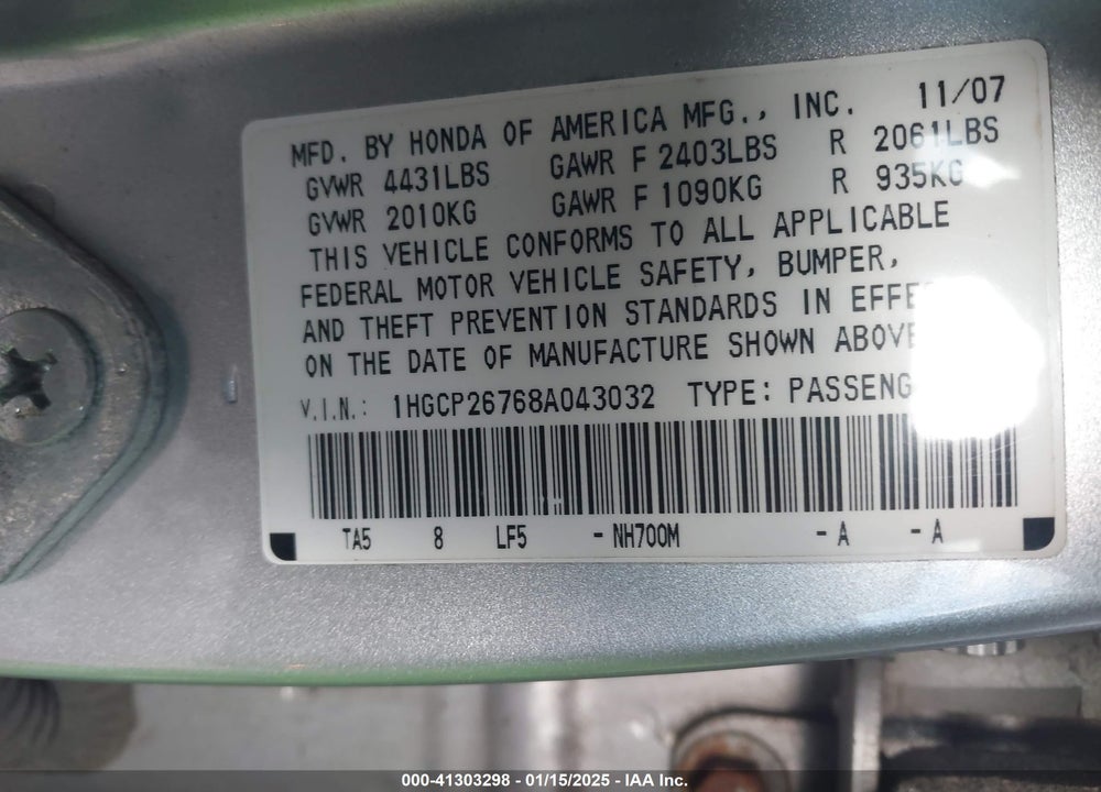 2008 HONDA ACCORD VIN: 1HGCP26768A043032
