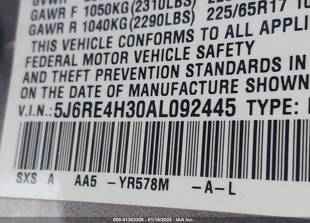 2010 HONDA CR-V LX VIN: 5J6RE4H30AL092445