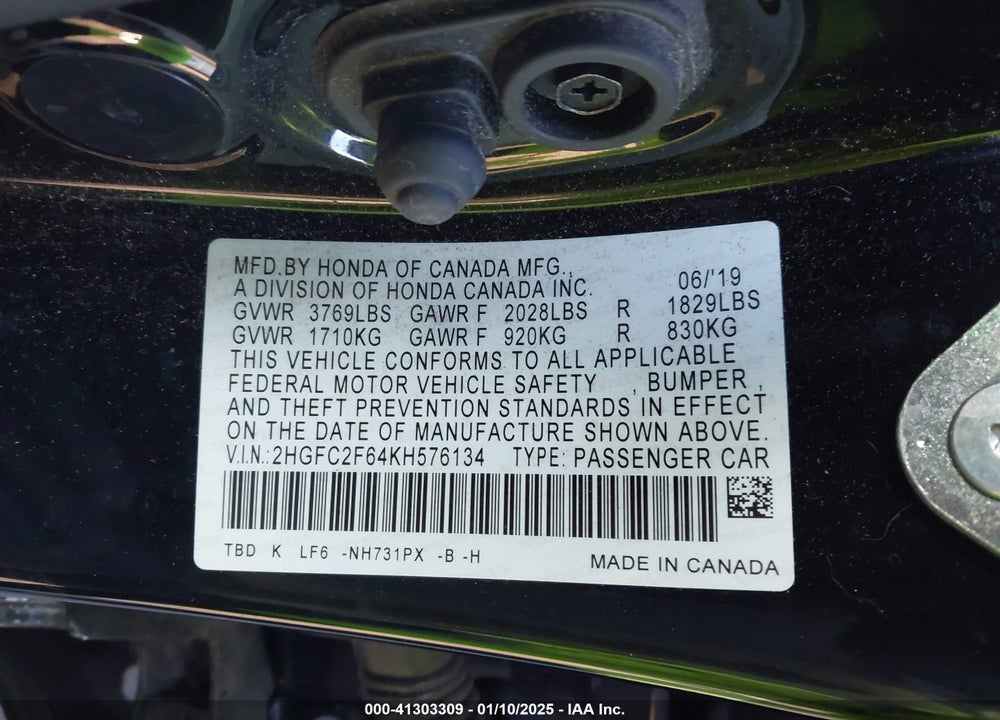 2019 HONDA CIVIC LX VIN: 2HGFC2F64KH576134