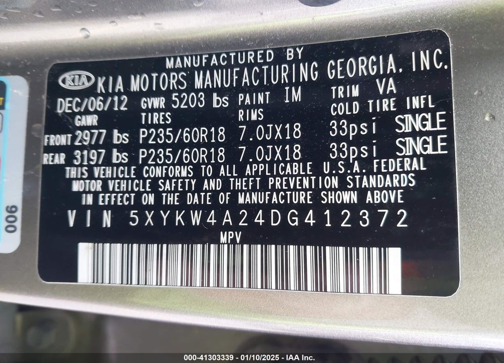 2013 KIA SORENTO SX VIN: 5XYKW4A24DG412372