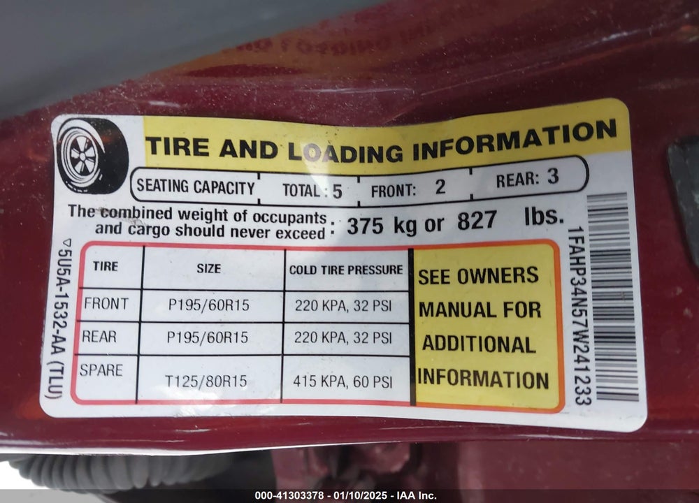 2007 FORD FOCUS S/SE/SES VIN: 1FAHP34N57W241233
